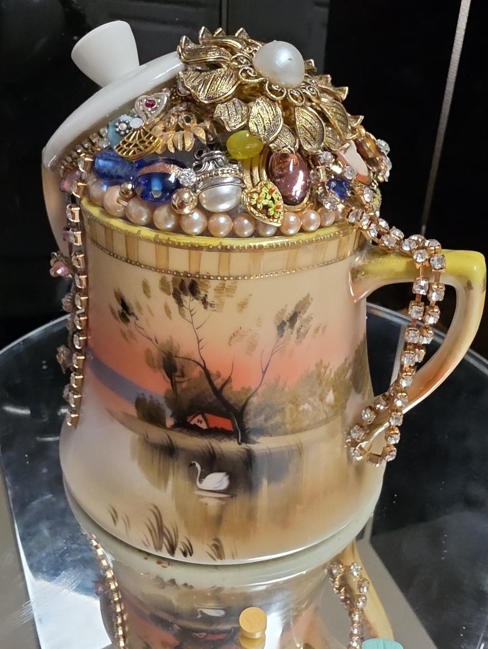 Hand Crafted Embellished Vintage Handpainted Swan Scene Sugarbowl Decor